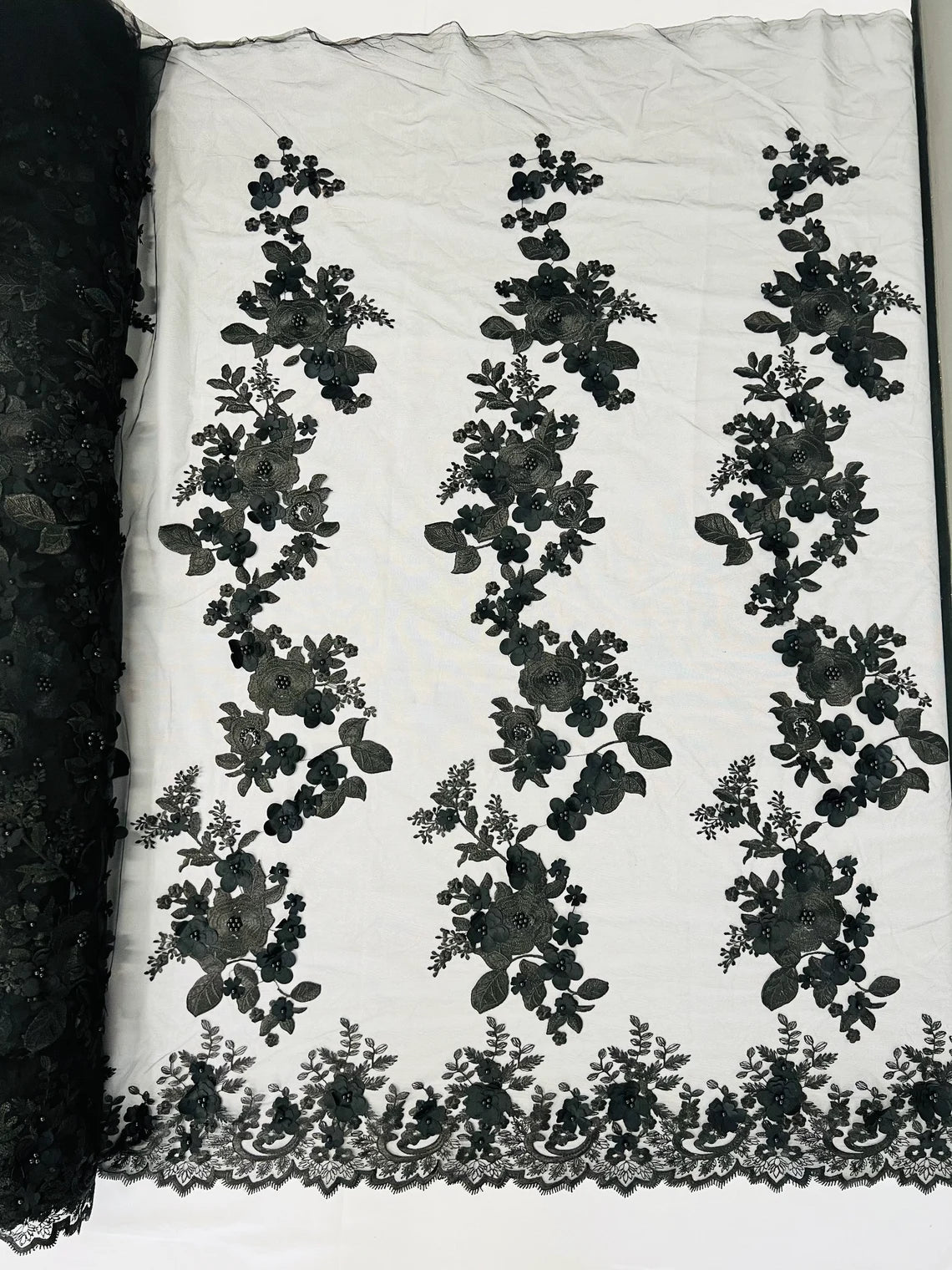 3D Flower Panels Fabric - Black - Flower Panels Bead Embroidered on Lace Fabric Sold By Yard