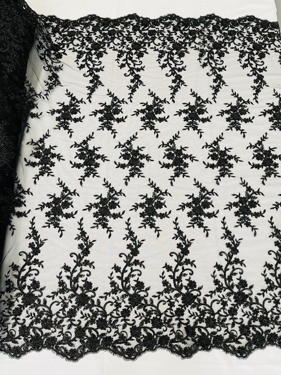 Floral Long Border Bead Fabric - Black - Embroidered Floral Cluster Design Fabric By Yard