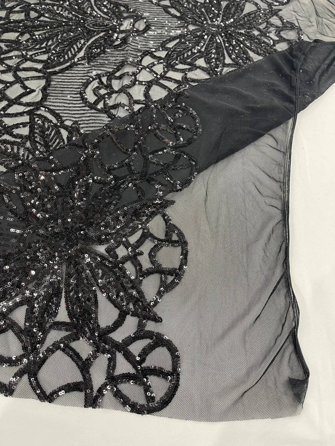 Gorgeous Star Leaf Fabric - Black - Leaf Design Embroidered 4 Way Stretch Sequins Fabric By Yard