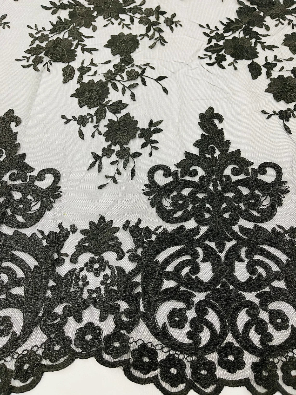 Damask Design Lace Fabric - Black - Embroidered Damask Fancy Beautiful Design Lace Fabric By Yard