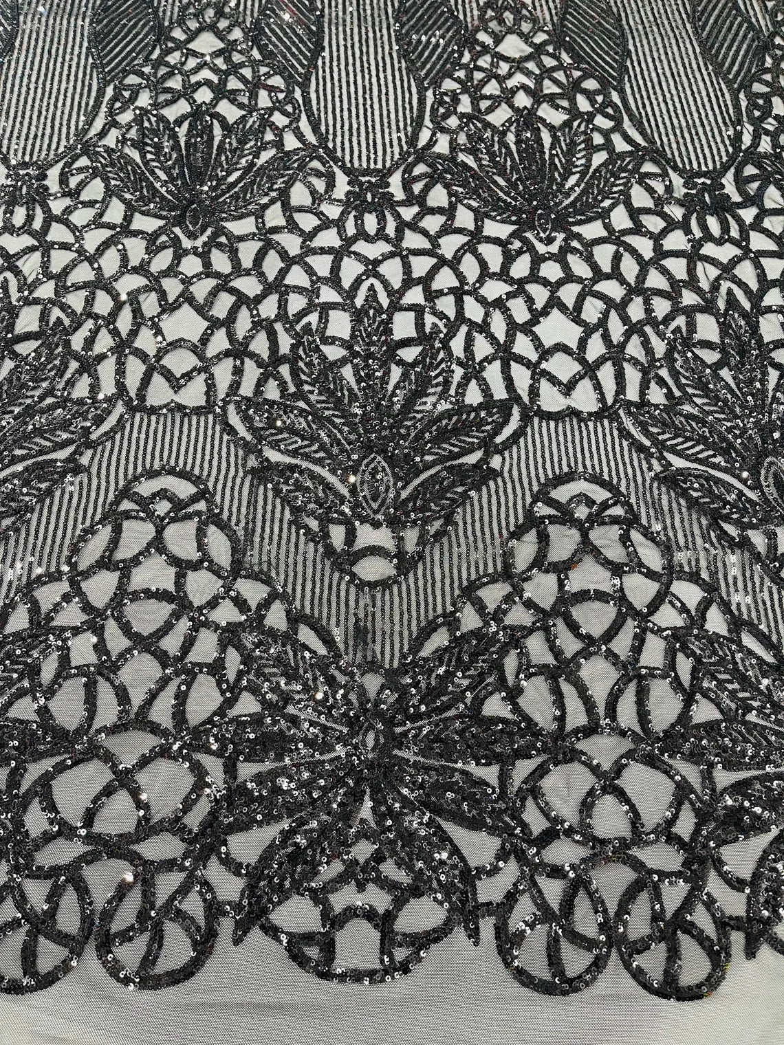 Gorgeous Star Leaf Fabric - Black - Leaf Design Embroidered 4 Way Stretch Sequins Fabric By Yard