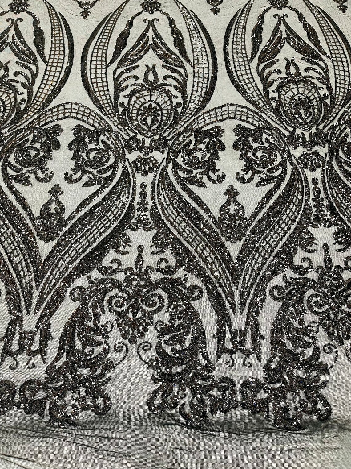 Big Damask 4 Way Sequins - Black Holographic - Embroidered Damask Design Sequins Fabric Sold By Yard