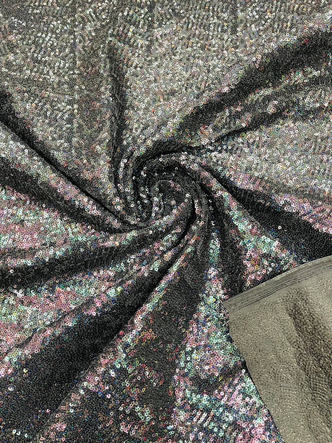 Mini Glitz Sequins on Milliskin - Black Iridescent - 4 Way Stretch Milliskin Stretch Spandex Fabric by Yard