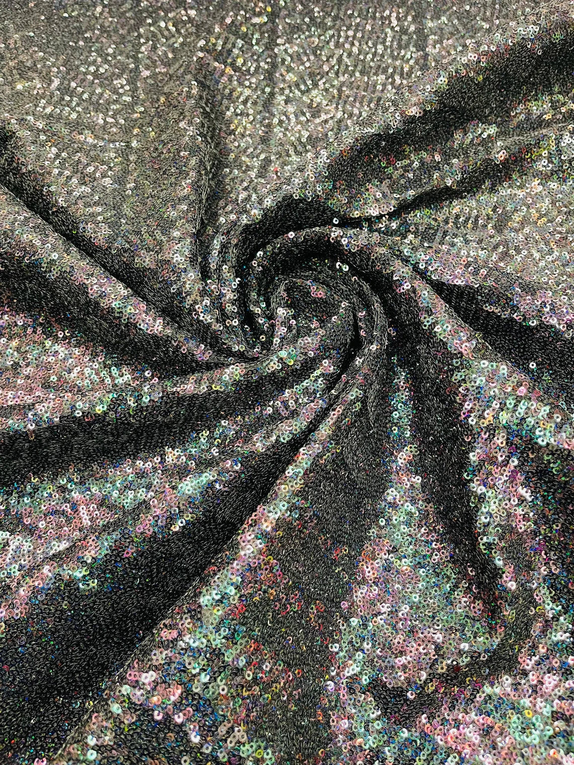 Mini Glitz Sequins on Milliskin - Black Iridescent - 4 Way Stretch Milliskin Stretch Spandex Fabric by Yard