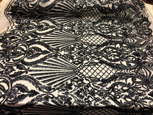 Seashell Geometric Sequins - Black on Nude - Embroidered Sequins on 4 Way Stretch Lace Mesh Sold By Yard