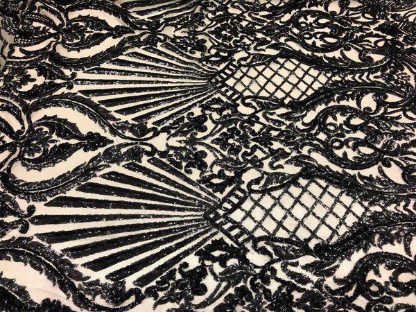 Seashell Geometric Sequins - Black on Nude - Embroidered Sequins on 4 Way Stretch Lace Mesh Sold By Yard