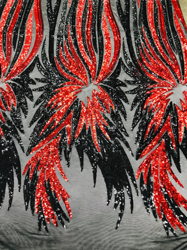 Wings Sequins Fabric - Black / Red - Large Feather Wings 4 Way Stretch Sequins Design By Yard