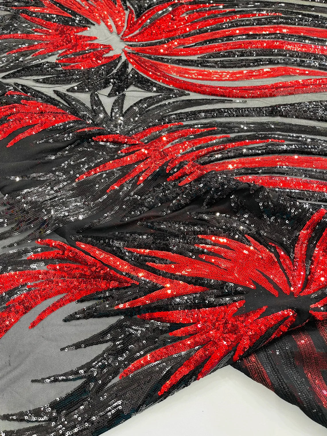 Wings Sequins Fabric - Black / Red - Large Feather Wings 4 Way Stretch Sequins Design By Yard