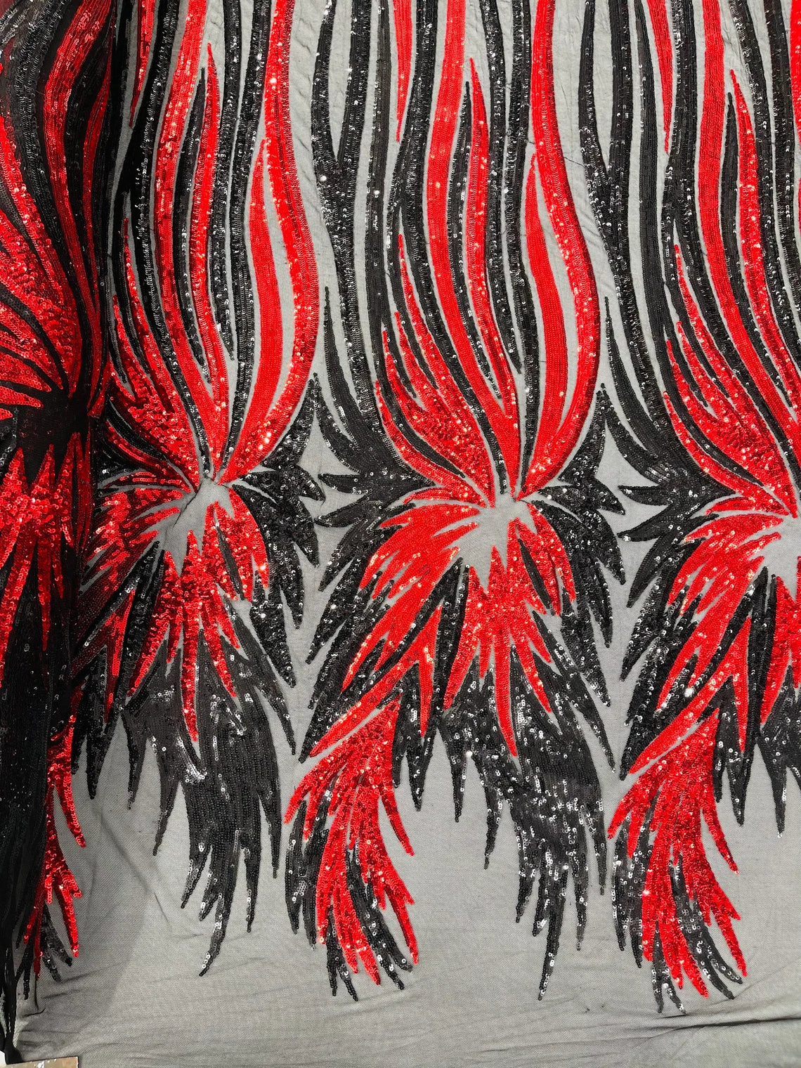 Wings Sequins Fabric - Black / Red - Large Feather Wings 4 Way Stretch Sequins Design By Yard