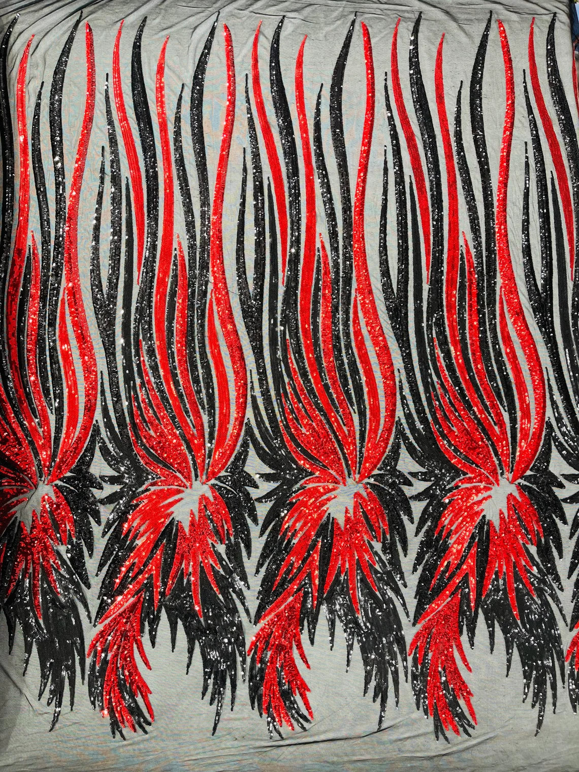 Wings Sequins Fabric - Black / Red - Large Feather Wings 4 Way Stretch Sequins Design By Yard