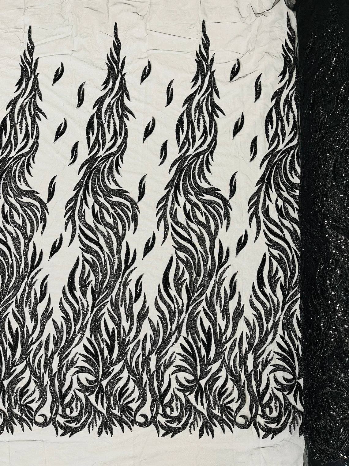 Fire Flames Design Bead Fabric - Black - Embroidered Beaded Burning Flame Design Fabric By Yard