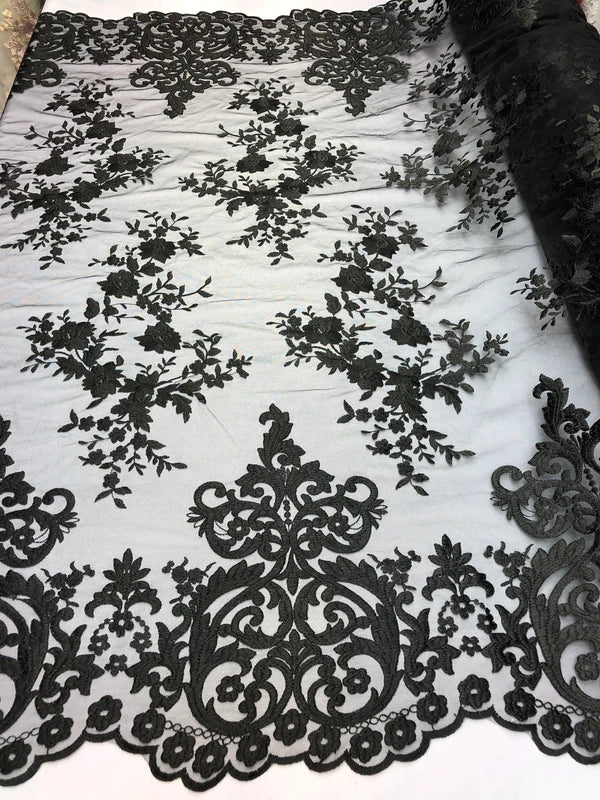 Damask Design Lace Fabric - Black - Embroidered Damask Fancy Beautiful Design Lace Fabric By Yard