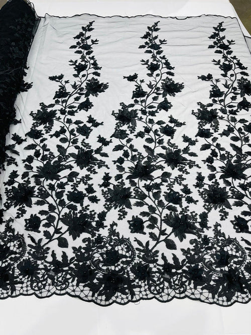 3D Floral Princess Fabric - Black - Embroidered Floral Lace Fabric with 3D Flowers By Yard