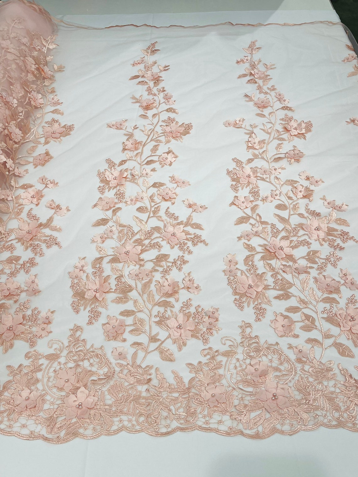 3D Floral Princess Fabric - Blush - Embroidered Floral Lace Fabric with 3D Flowers By Yard