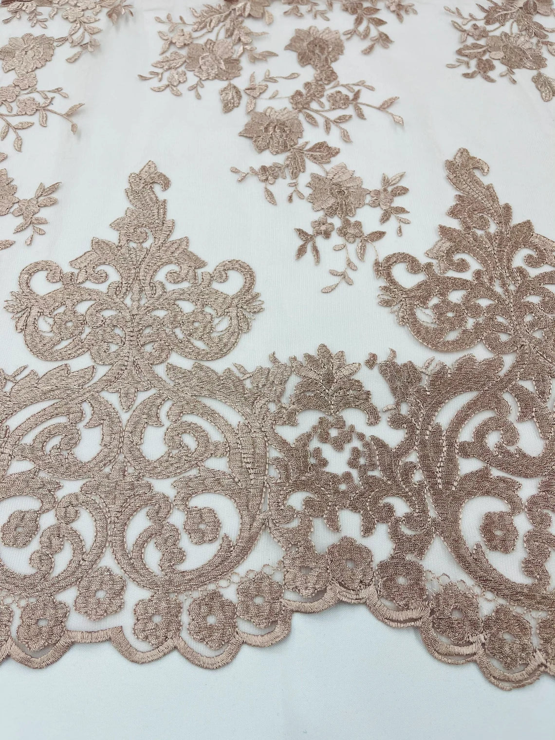 Damask Design Lace Fabric - Blush - Embroidered Damask Fancy Beautiful Design Lace Fabric By Yard