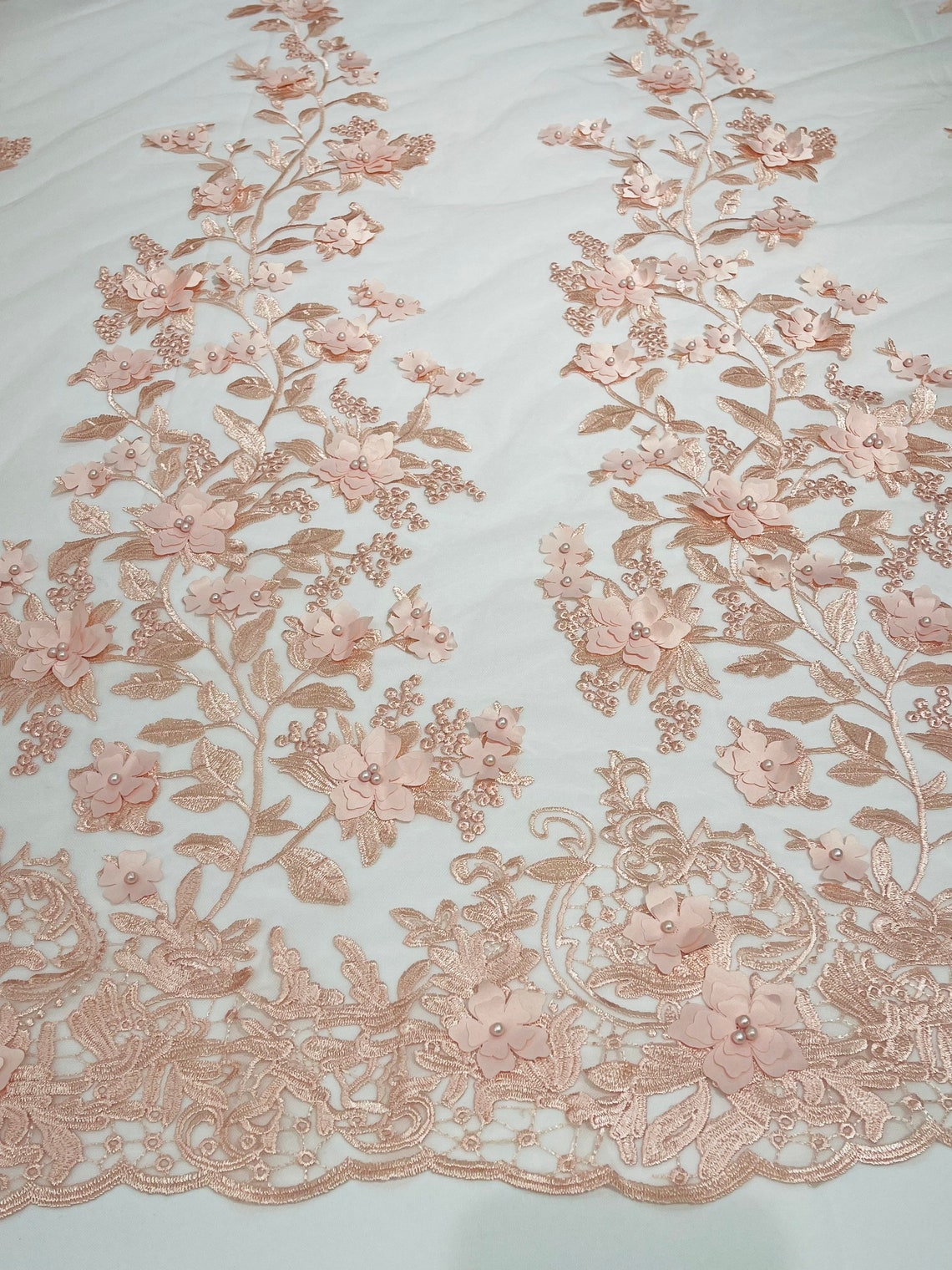 3D Floral Princess Fabric - Blush - Embroidered Floral Lace Fabric with 3D Flowers By Yard