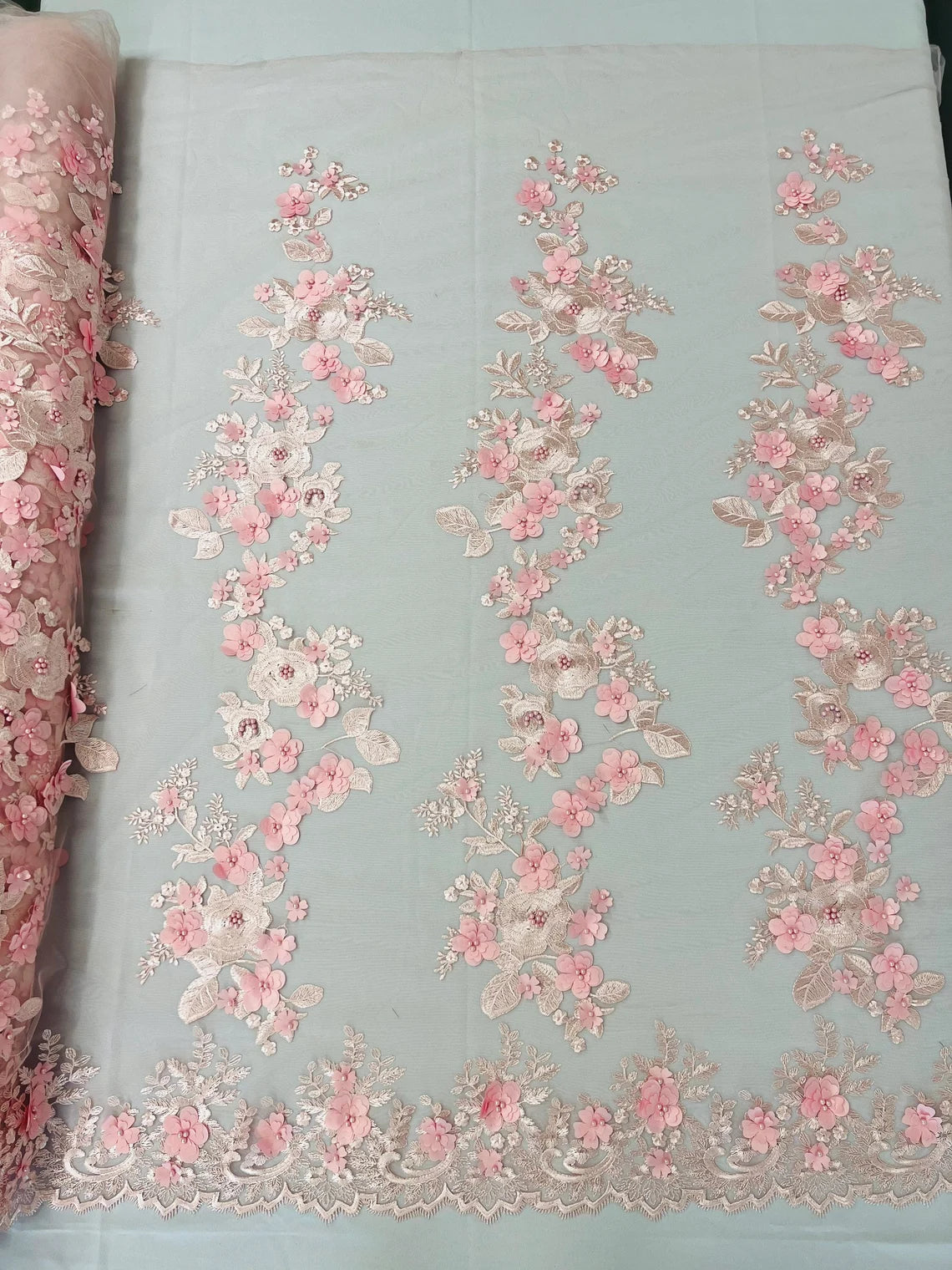 3D Flower Panels Fabric - Blush Pink - Flower Panels Bead Embroidered on Lace Fabric Sold By Yard