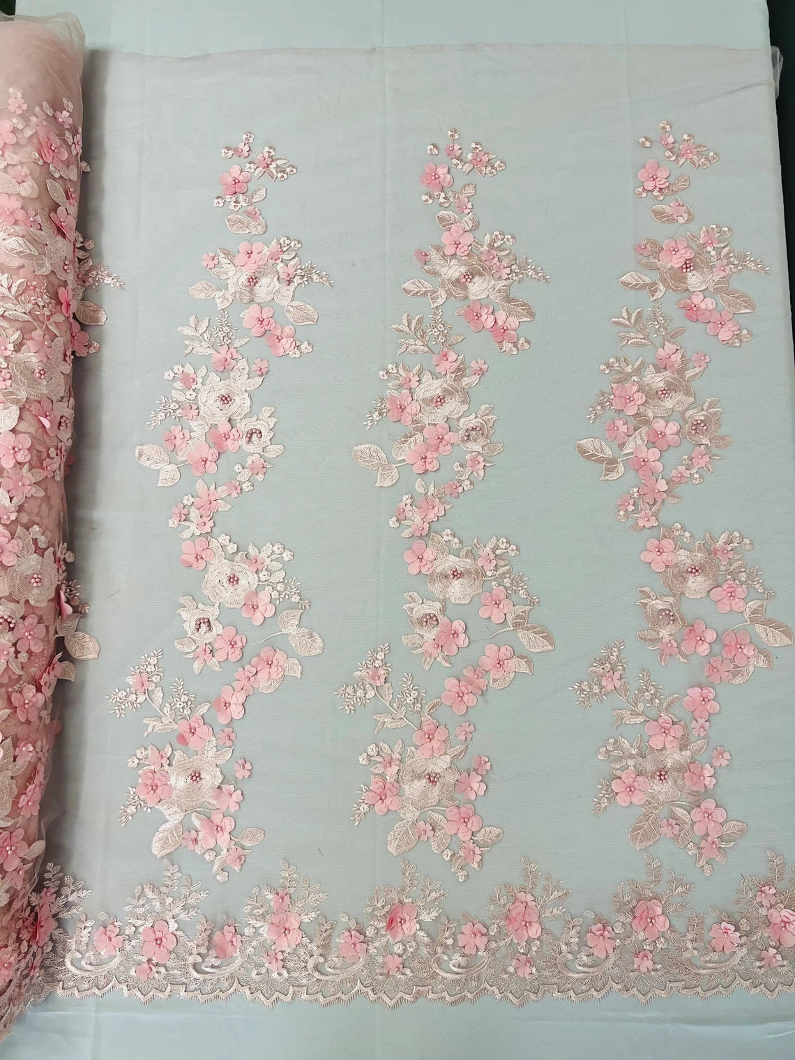 3D Flower Panels Fabric - Blush Pink - Flower Panels Bead Embroidered on Lace Fabric Sold By Yard