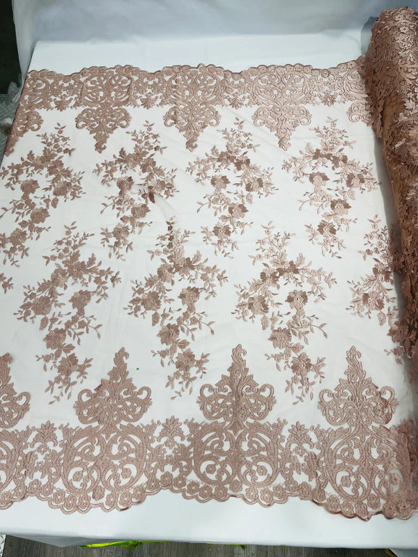 Damask Design Lace Fabric - Blush - Embroidered Damask Fancy Beautiful Design Lace Fabric By Yard