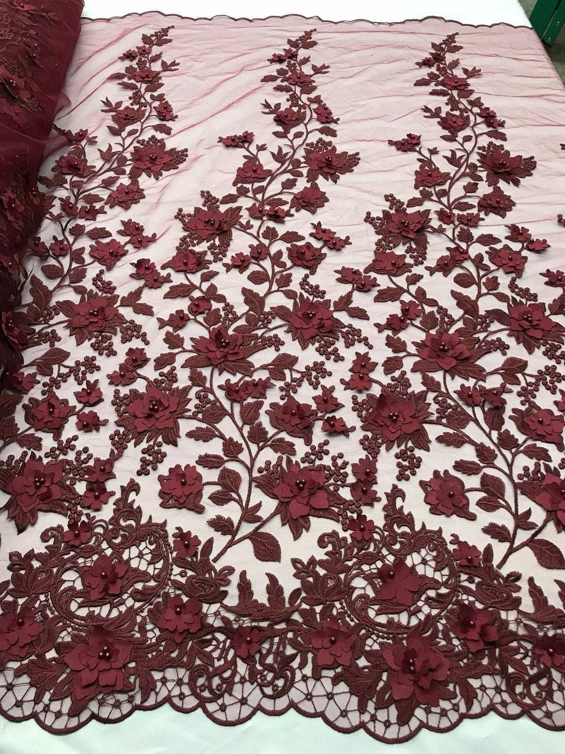 3D Floral Princess Fabric - Burgundy - Embroidered Floral Lace Fabric with 3D Flowers By Yard