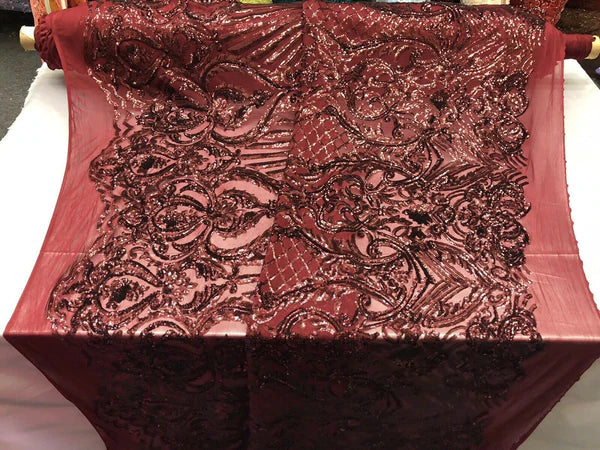 Seashell Geometric Sequins - Burgundy - Embroidered Sequins on 4 Way Stretch Lace Mesh Sold By Yard