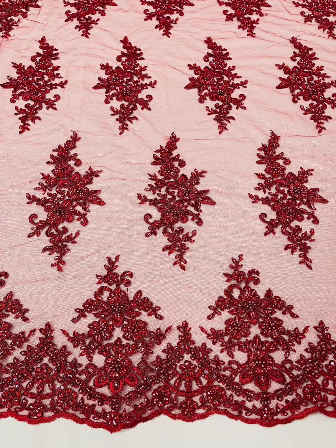 Beaded Clusters Design Fabric - Burgundy - Embroidered Floral Cluster Design Fabric By Yard