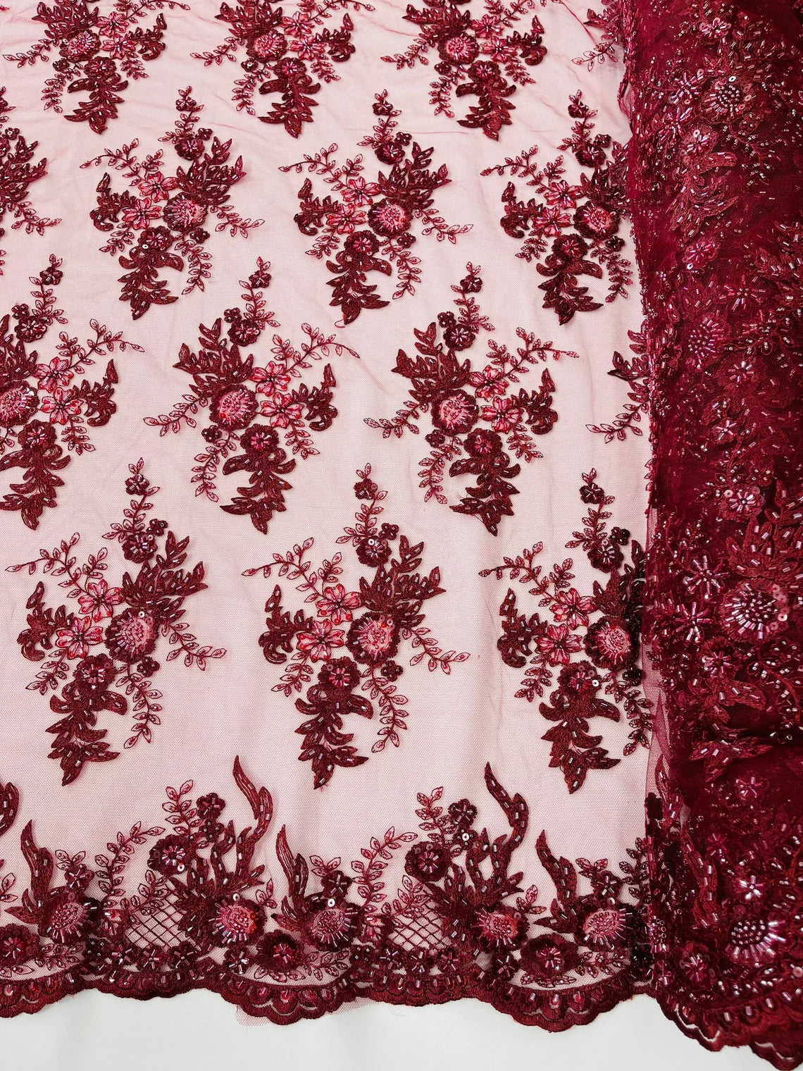 Floral Leaf Bead Sequins Fabric - Burgundy - Embroidered Flower and Leaves Design Fabric By Yard