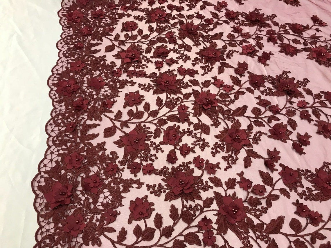 3D Floral Princess Fabric - Burgundy - Embroidered Floral Lace Fabric with 3D Flowers By Yard
