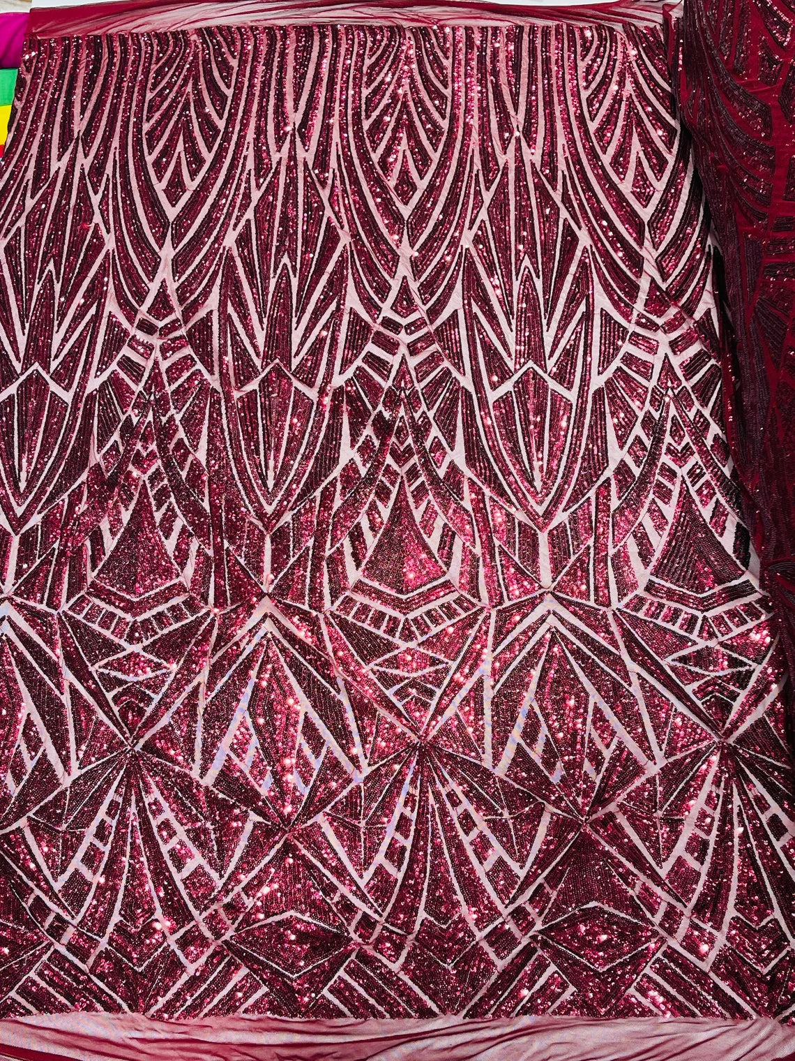 Geometric Triangle Lines Sequins - Burgundy - 4 Way Stretch Geometric Design Sequins By Yard