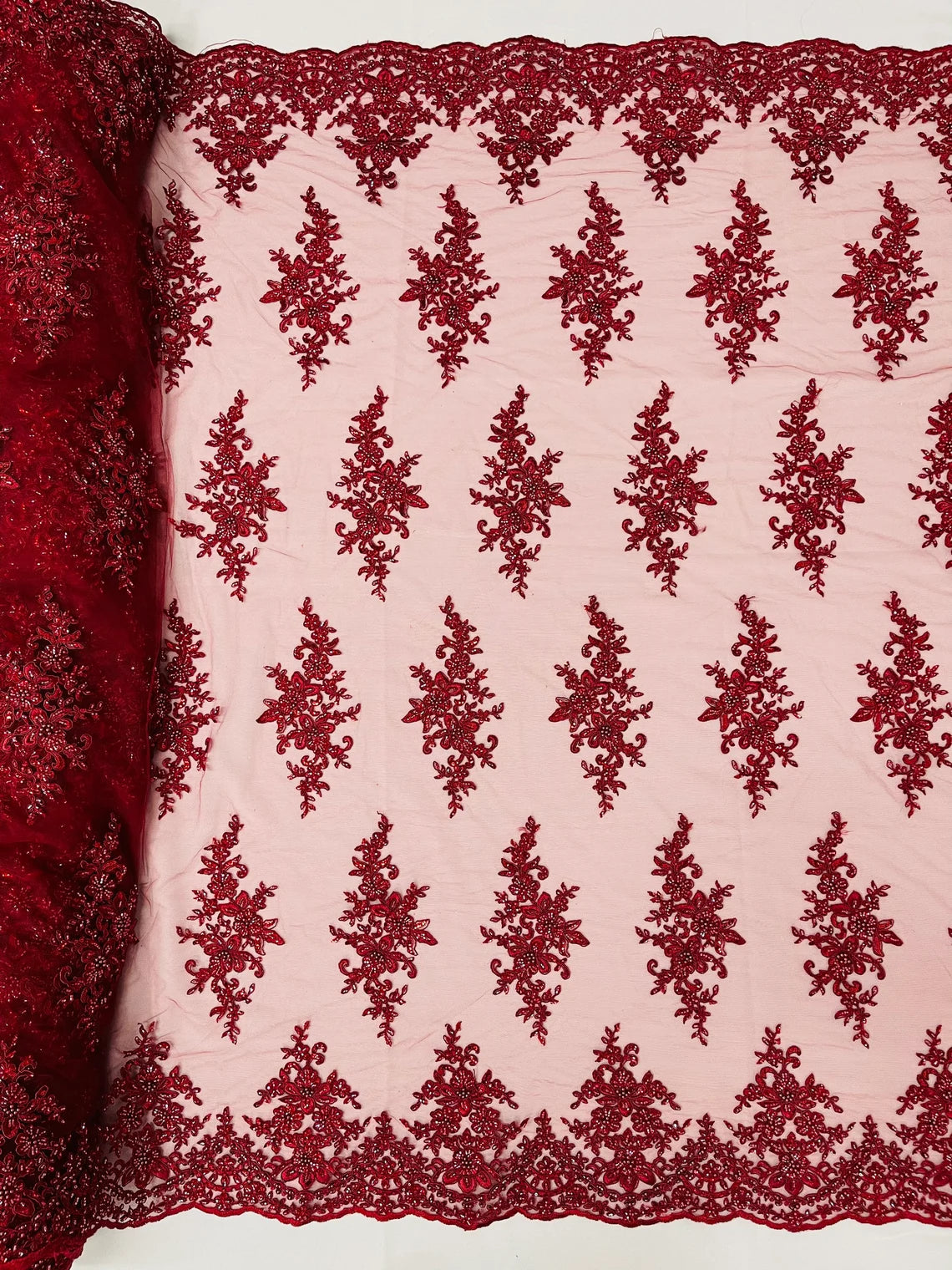 Beaded Clusters Design Fabric - Burgundy - Embroidered Floral Cluster Design Fabric By Yard