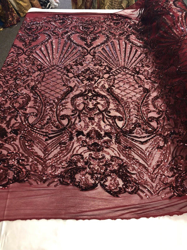 Seashell Geometric Sequins - Burgundy - Embroidered Sequins on 4 Way Stretch Lace Mesh Sold By Yard