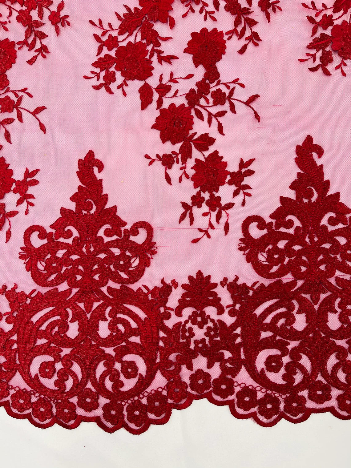 Damask Design Lace Fabric - Burgundy - Embroidered Damask Fancy Beautiful Design Lace Fabric By Yard