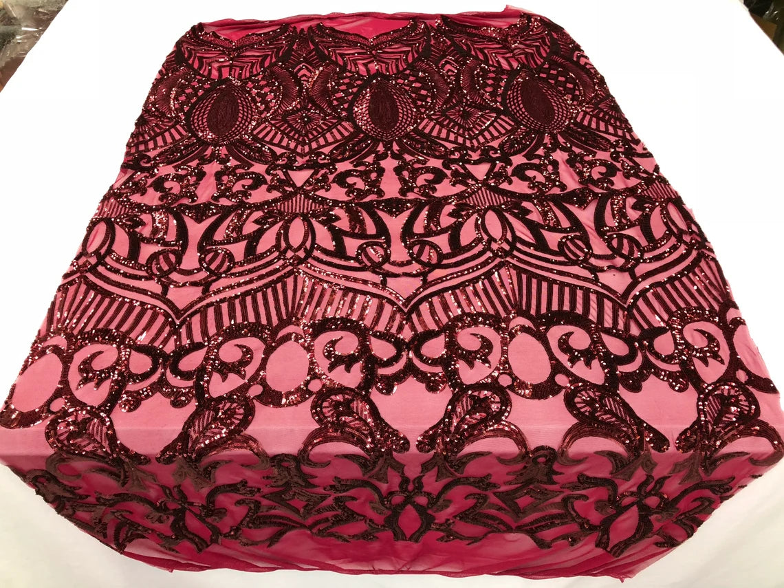 Royalty Damask Sequins Fabric - Burgundy - Fancy Royal Lace Design 4 Way Stretch Sequins By Yard