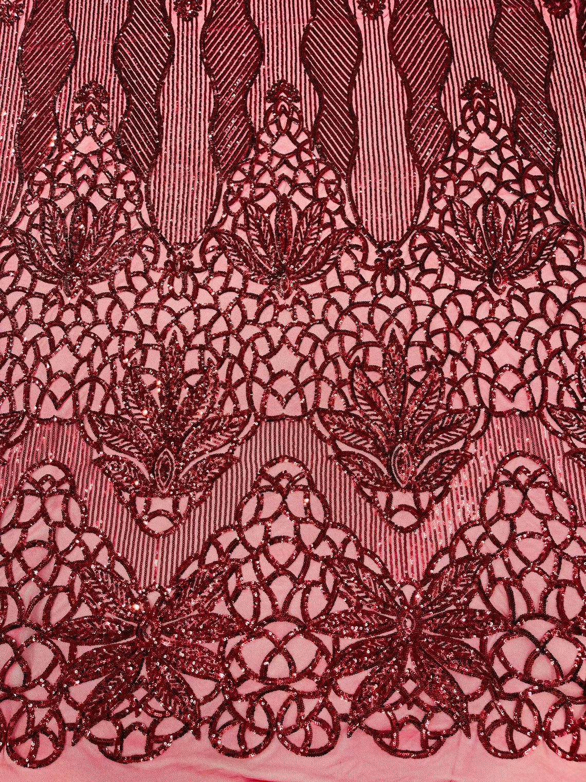 Gorgeous Star Leaf Fabric - Burgundy - Leaf Design Embroidered 4 Way Stretch Sequins Fabric By Yard