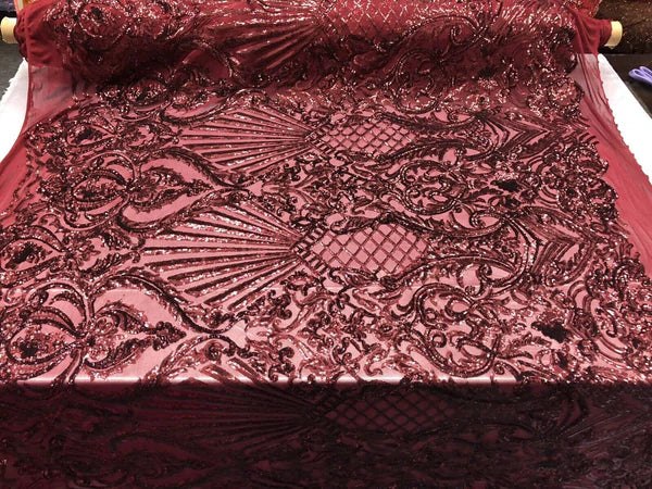 Seashell Geometric Sequins - Burgundy - Embroidered Sequins on 4 Way Stretch Lace Mesh Sold By Yard