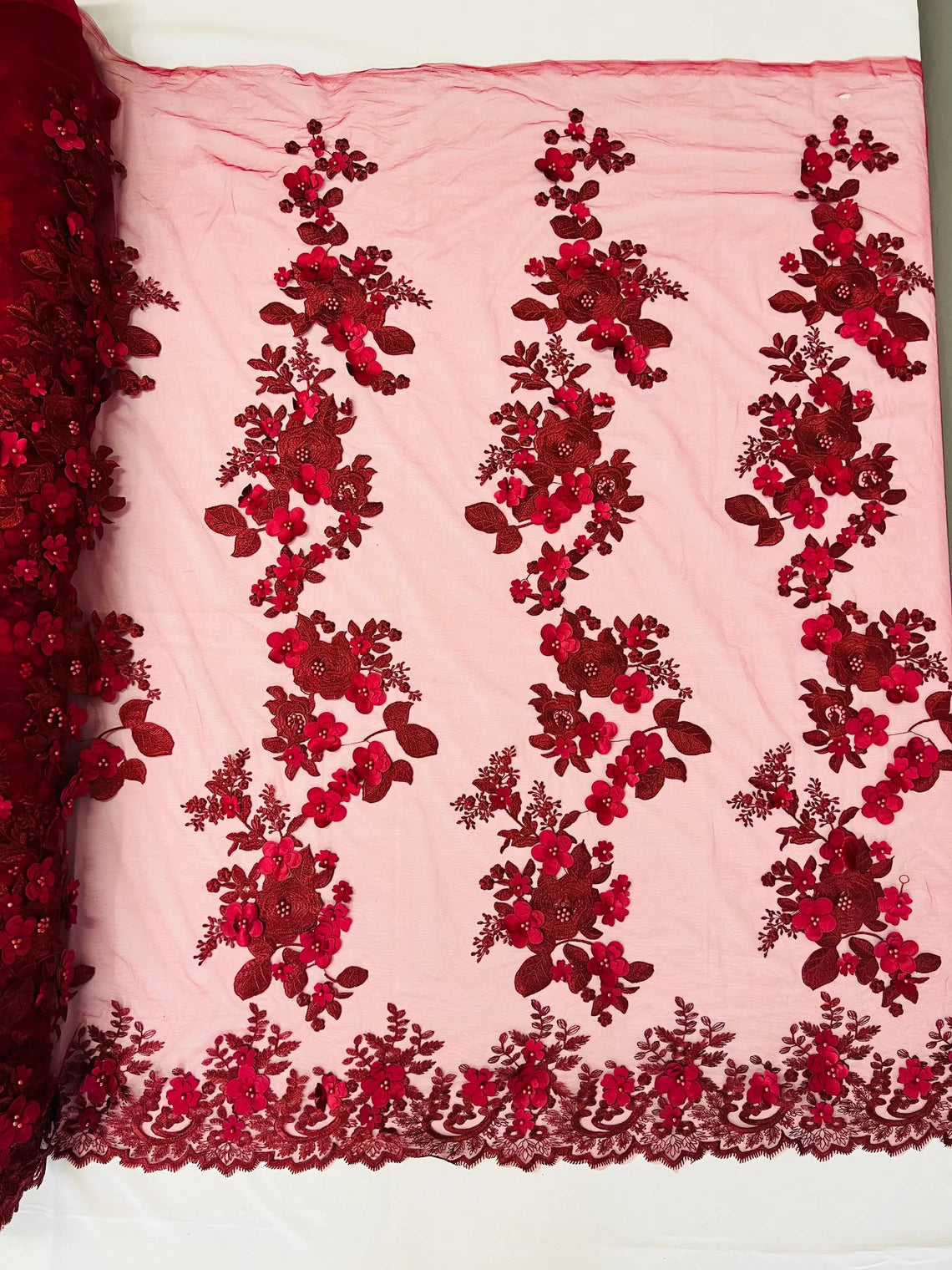 3D Flower Panels Fabric - Burgundy - Flower Panels Bead Embroidered on Lace Fabric Sold By Yard