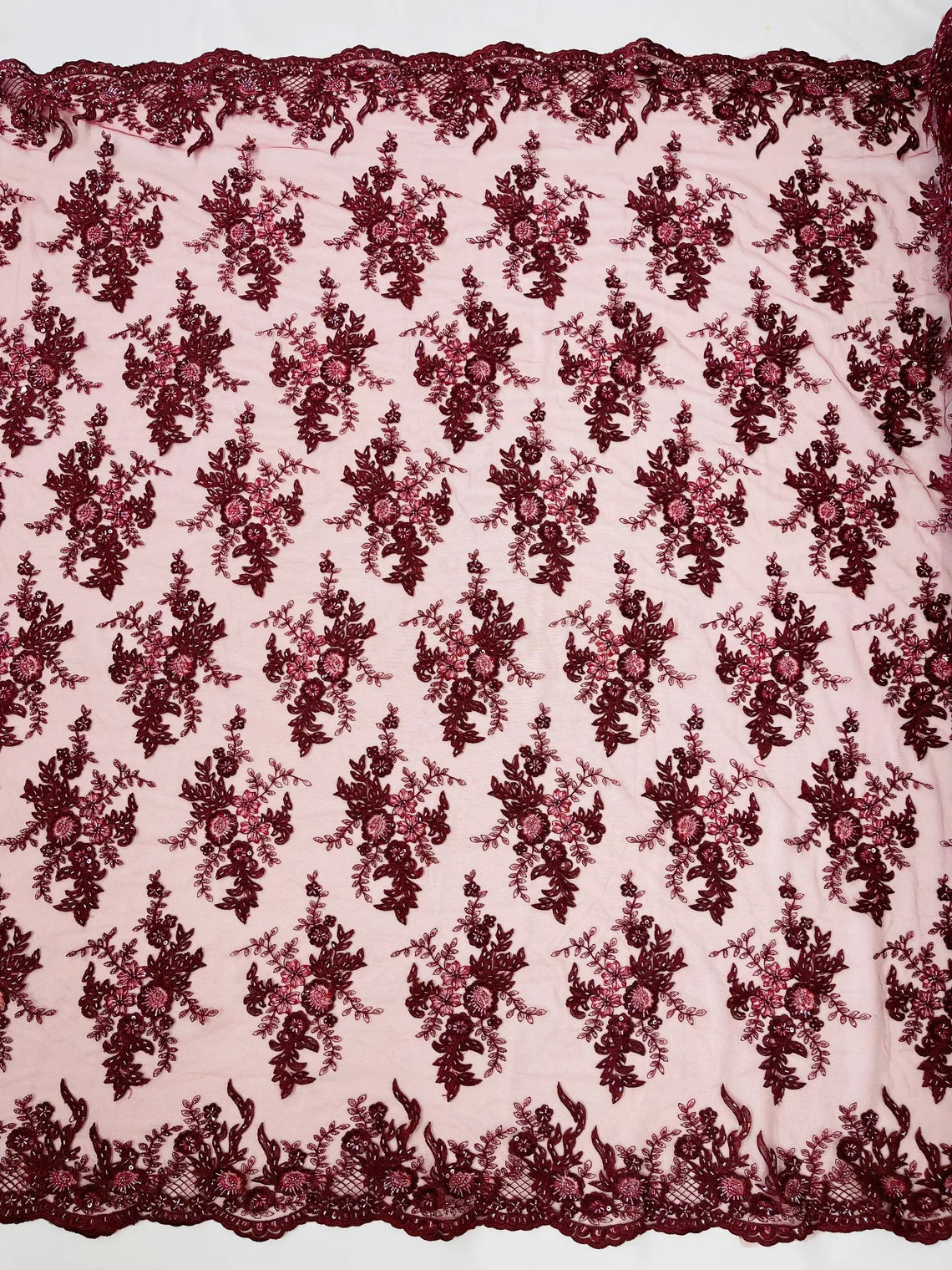 Floral Leaf Bead Sequins Fabric - Burgundy - Embroidered Flower and Leaves Design Fabric By Yard