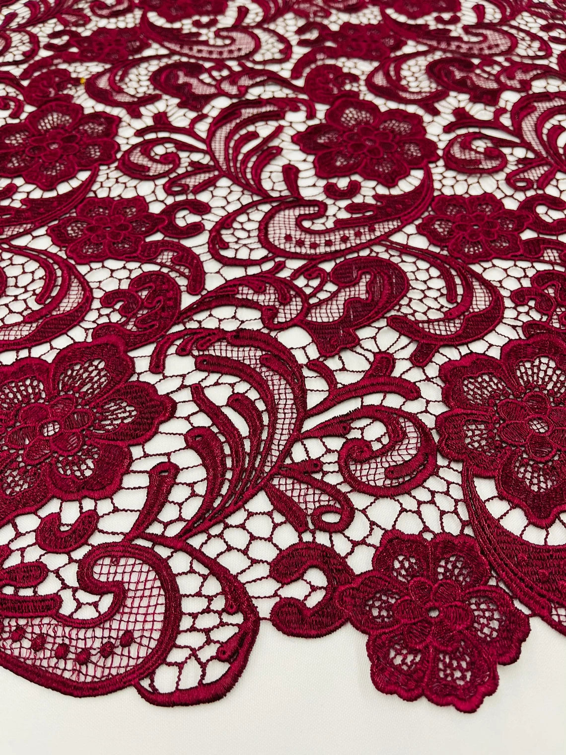 Floral Design Guipure Fabric - Burgundy - Floral Lace Guipure Wedding Bridal Dress Fabrics by the Yard