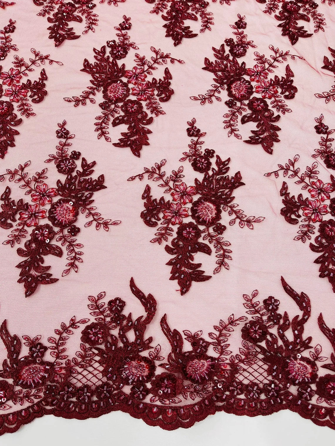 Floral Leaf Bead Sequins Fabric - Burgundy - Embroidered Flower and Leaves Design Fabric By Yard