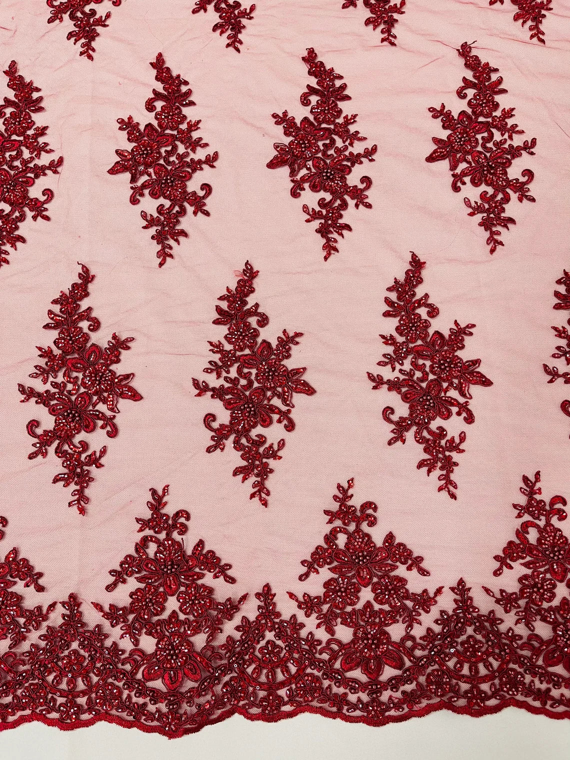 Beaded Clusters Design Fabric - Burgundy - Embroidered Floral Cluster Design Fabric By Yard