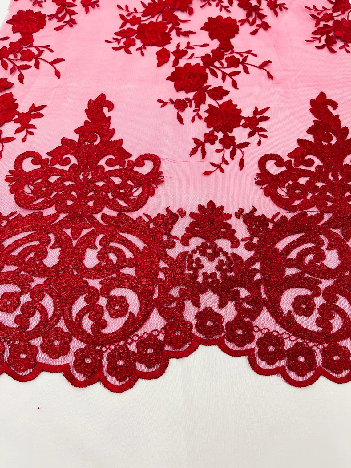 Damask Design Lace Fabric - Burgundy - Embroidered Damask Fancy Beautiful Design Lace Fabric By Yard