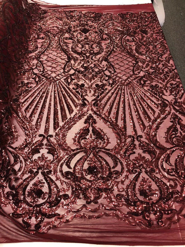 Seashell Geometric Sequins - Burgundy - Embroidered Sequins on 4 Way Stretch Lace Mesh Sold By Yard