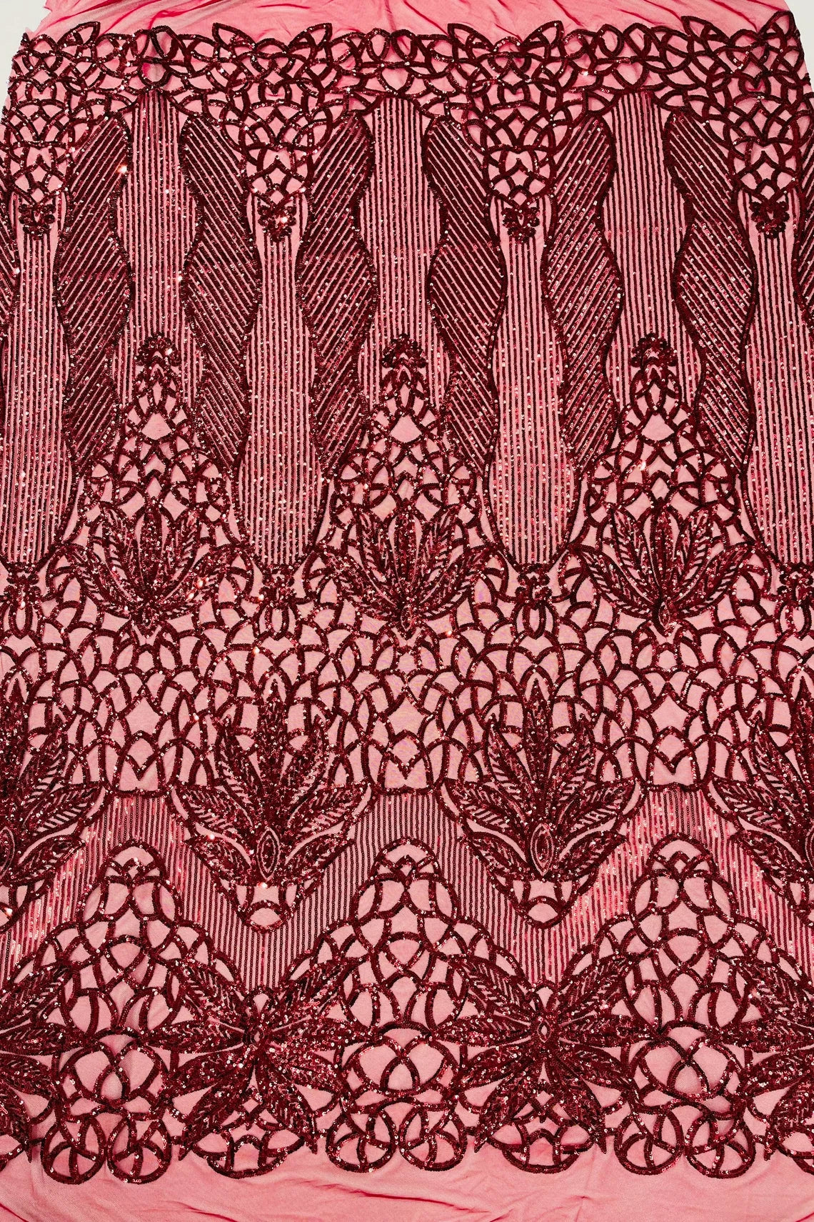 Gorgeous Star Leaf Fabric - Burgundy - Leaf Design Embroidered 4 Way Stretch Sequins Fabric By Yard