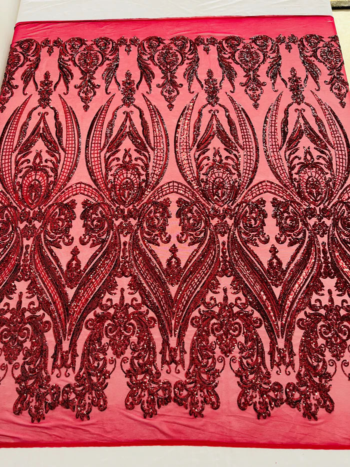 Big Damask 4 Way Sequins - Burgundy on Burgundy - Embroidered Damask Design Sequins Fabric Sold By Yard