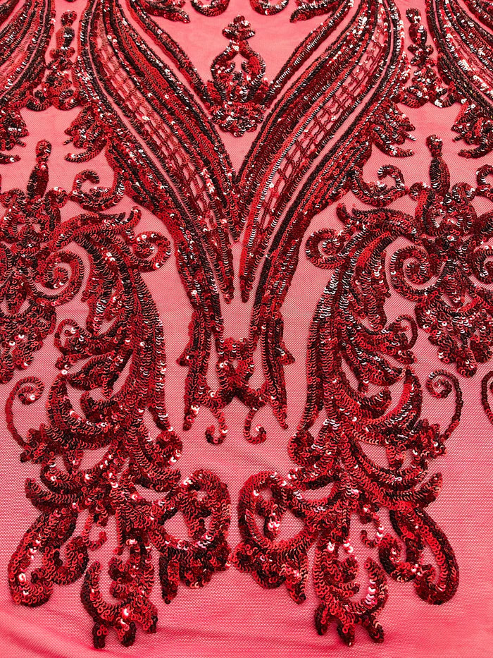 Big Damask 4 Way Sequins - Burgundy on Burgundy - Embroidered Damask Design Sequins Fabric Sold By Yard