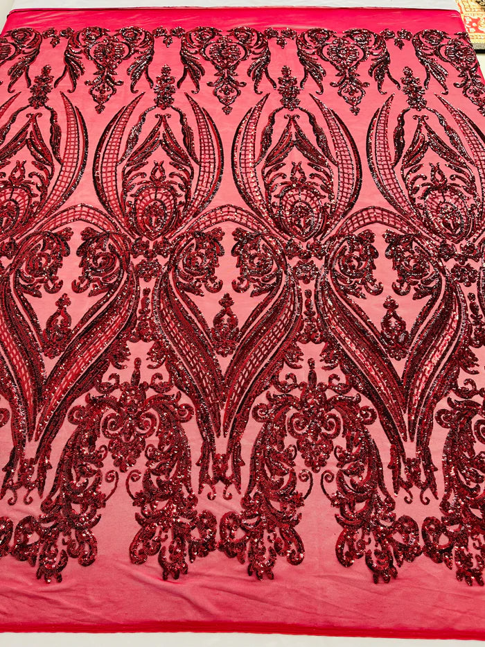 Big Damask 4 Way Sequins - Burgundy on Burgundy - Embroidered Damask Design Sequins Fabric Sold By Yard