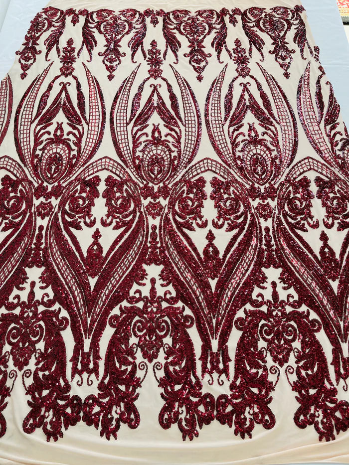 Big Damask 4 Way Sequins - Burgundy on Nude - Embroidered Damask Design Sequins Fabric Sold By Yard