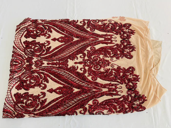 Big Damask 4 Way Sequins - Burgundy on Nude - Embroidered Damask Design Sequins Fabric Sold By Yard