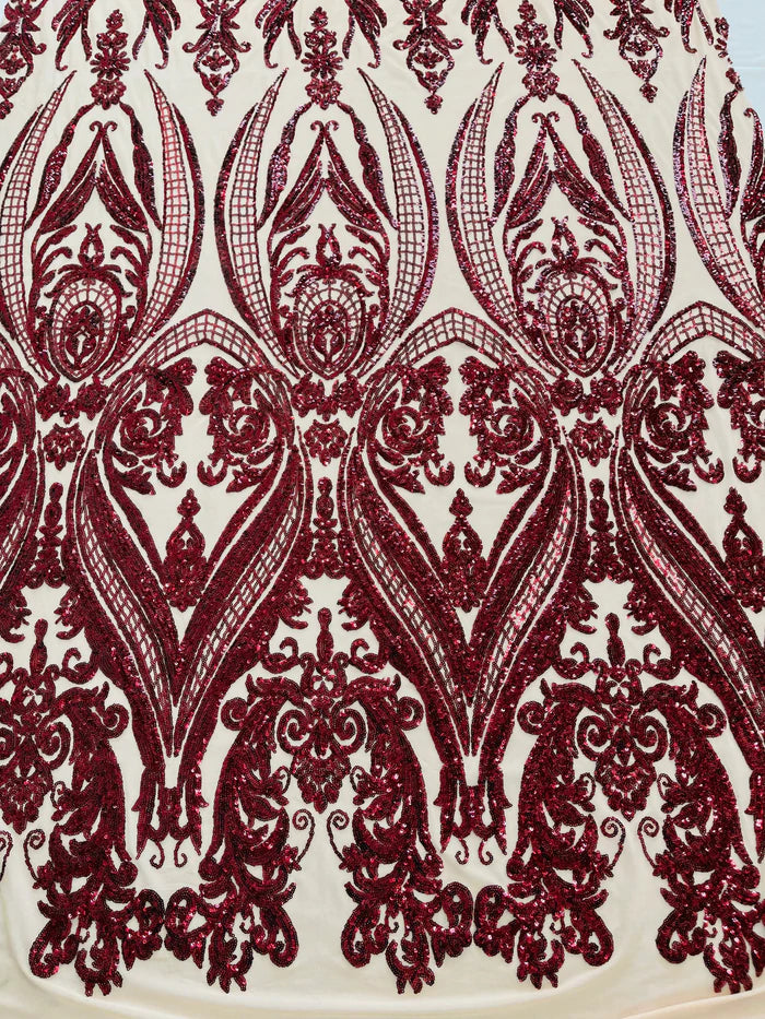 Big Damask 4 Way Sequins - Burgundy on Nude - Embroidered Damask Design Sequins Fabric Sold By Yard