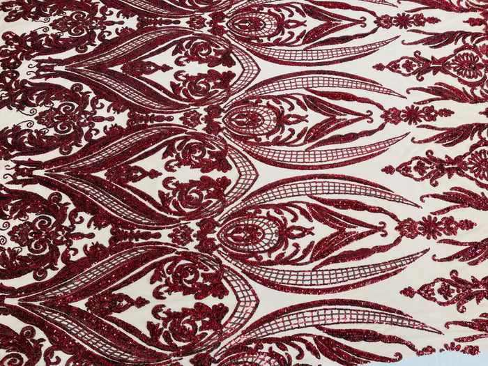 Big Damask 4 Way Sequins - Burgundy on Nude - Embroidered Damask Design Sequins Fabric Sold By Yard